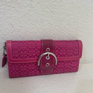 Coach Signature Mini C Pink Canvas Leather Trim Buckle Flap Closure Long Wallet